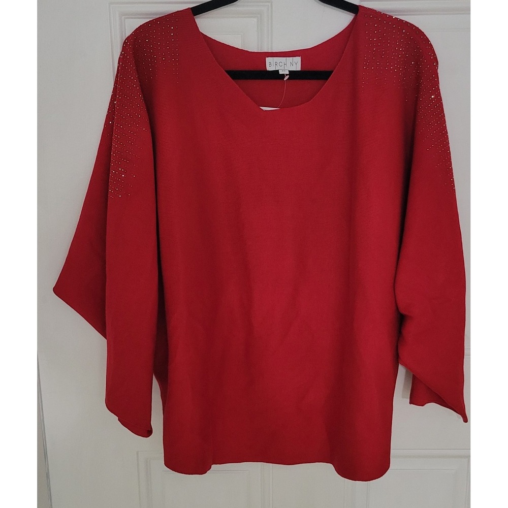 Birch NY size 3X‎  red sweater embellished with rhinestones on shoulders